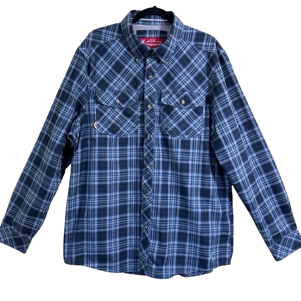 John M Browning Heritage Collection Blue Plaid Elbow Patch Button Up Shirt XL